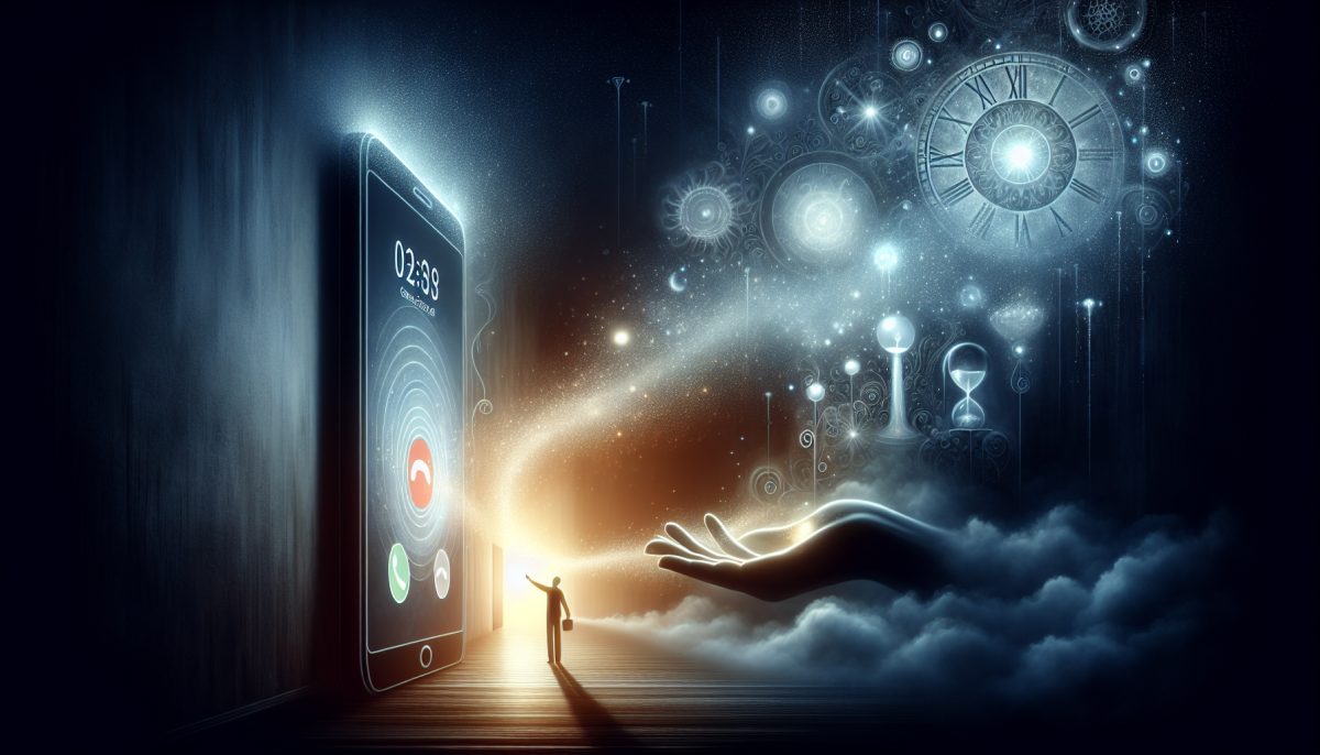Symbolic illustration of a person reaching for a fading incoming call on a phone in a dim hallway