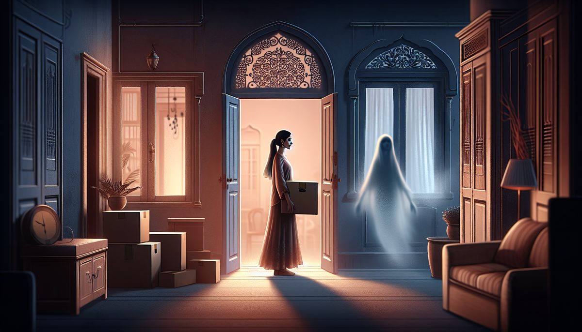 Symbolic illustration of someone moving into an eerie apartment with boxes and faint ghostly shadows inside