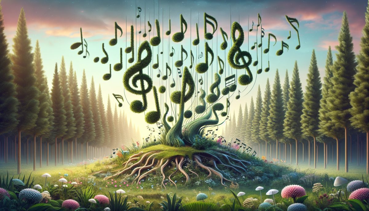 An artistic representation of music notes rising from the ground amidst a serene natural landscape.