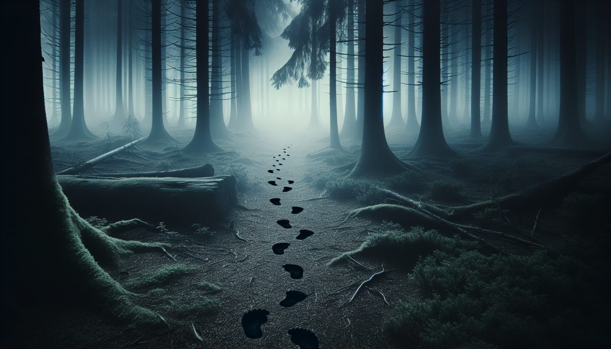 Mysterious footprints leading into a foggy forest