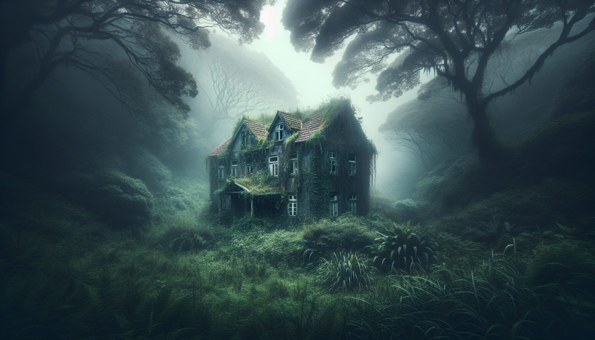 An old abandoned house enveloped by nature, symbolizing forgotten memories and past lives.
