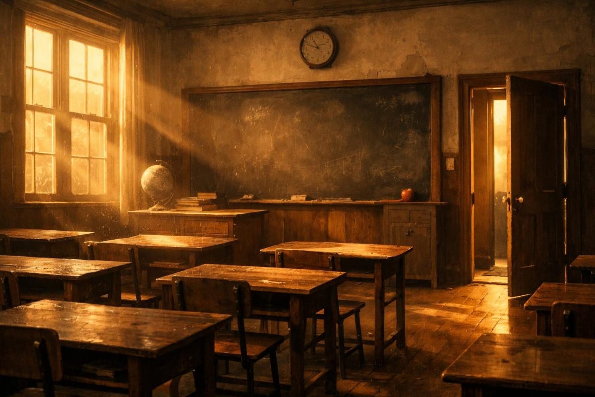 Symbolic illustration of an old classroom with wooden desks, a chalkboard, and warm light creating a nostalgic mood