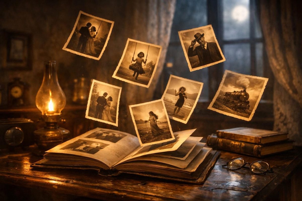 Symbolic illustration of old photographs appearing to move as they float from a vintage photo album in a softly lit room