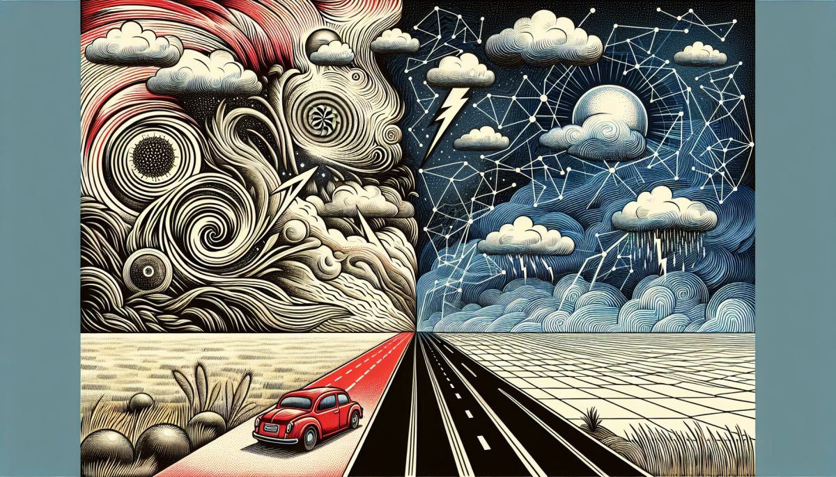 An abstract illustration of a car losing control on a winding road, symbolising chaos and unpredictability.