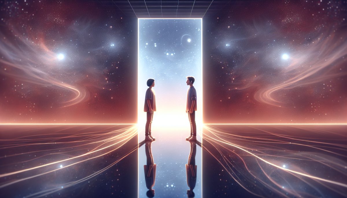 Symbolic illustration of a person facing an alternate version of themselves between two mirrored worlds