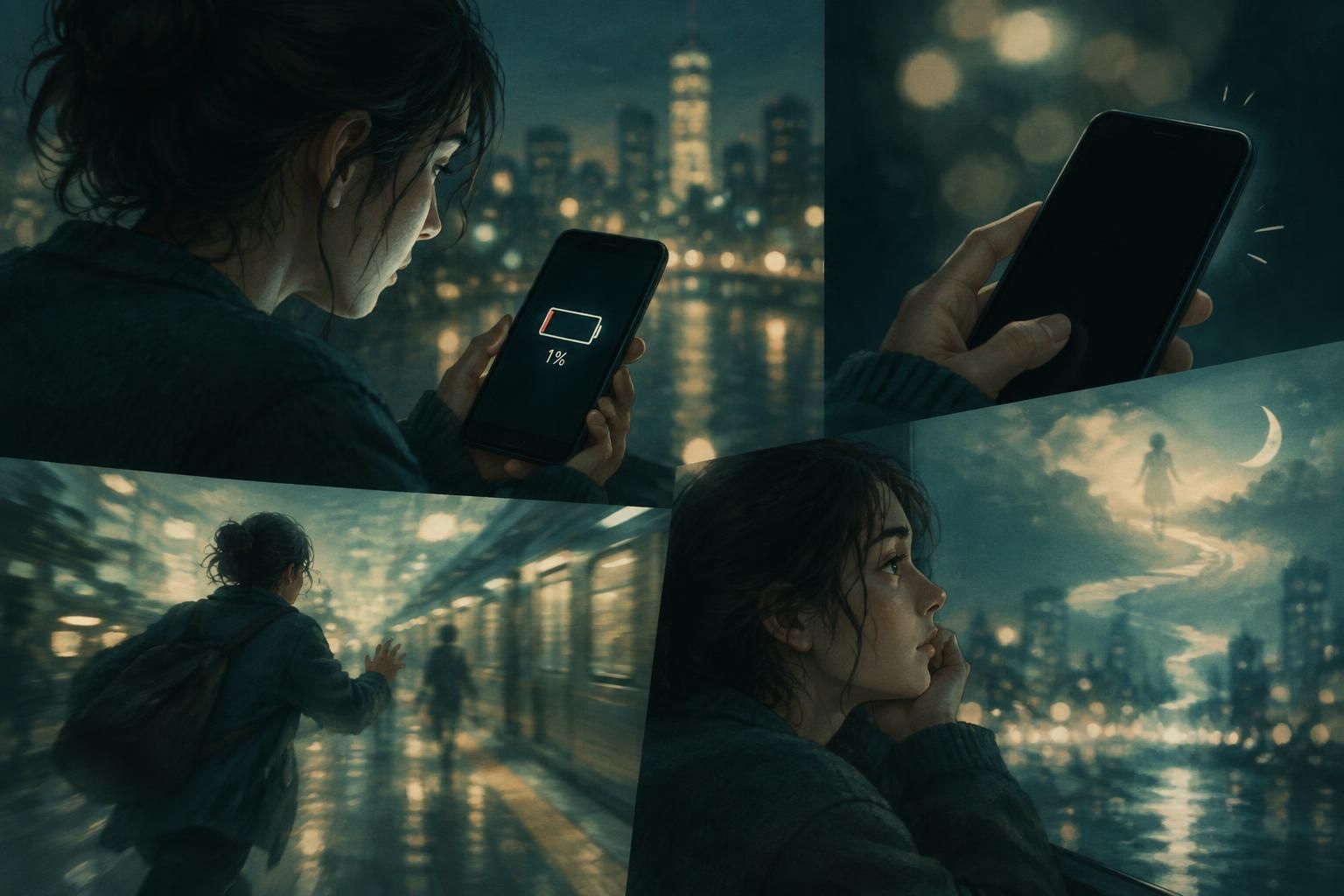 A person staring at a phone as the battery dies at a critical moment in a tense, dreamlike setting.