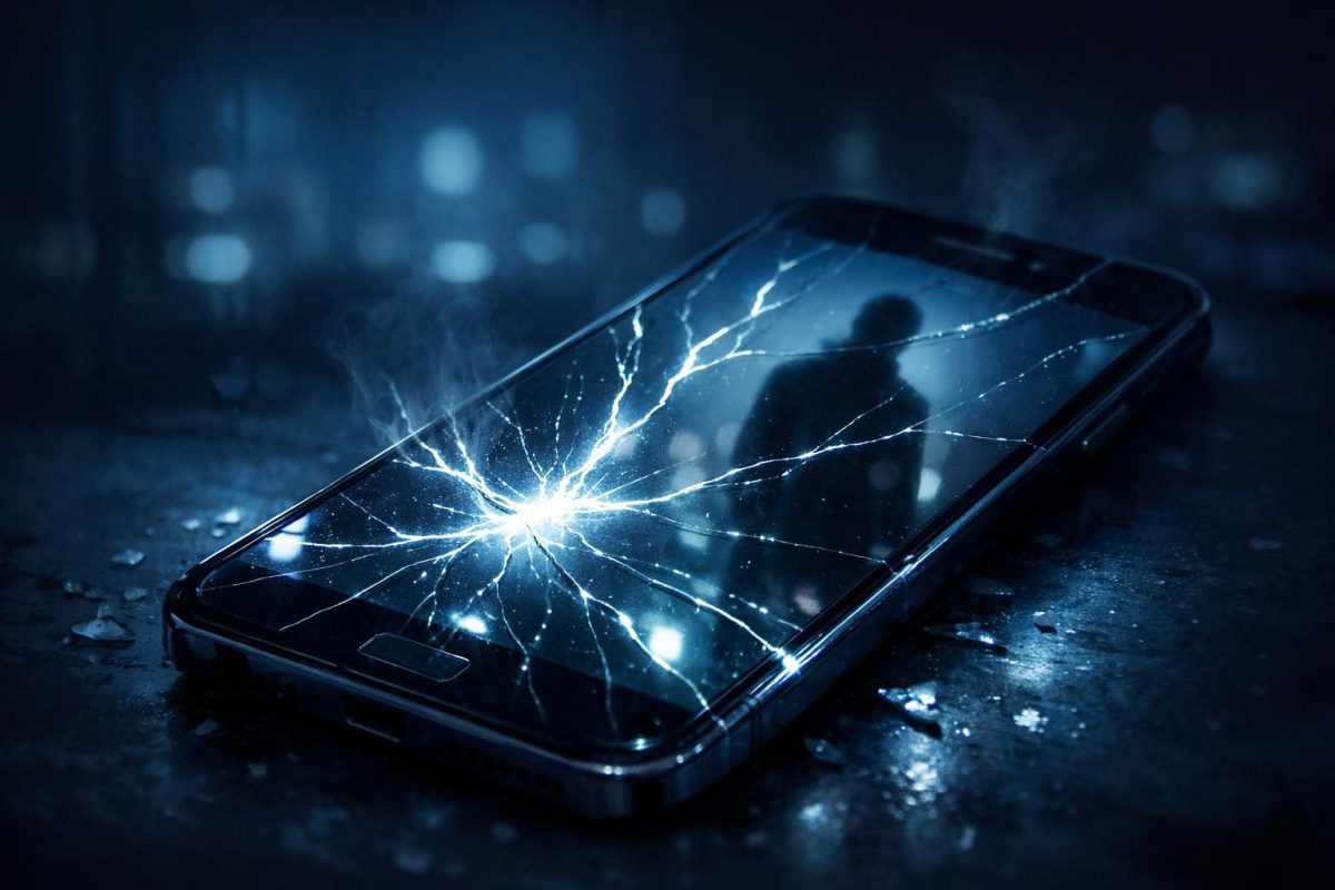 Symbolic illustration of a smartphone with a cracked screen glowing in the dark