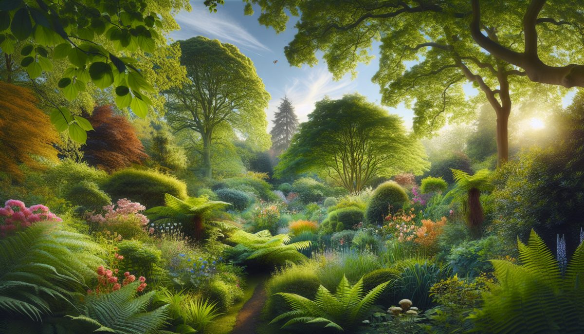 A peaceful garden scene with vibrant plants and gentle sunlight.