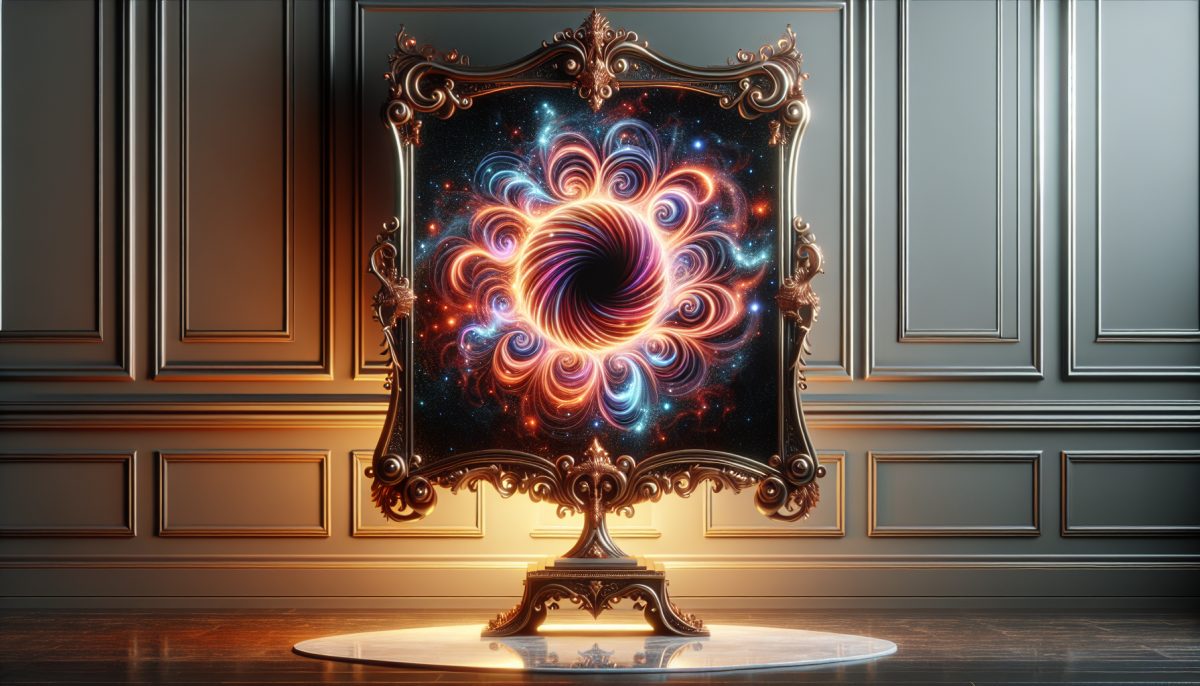 A mirror reflecting a glowing portal, symbolizing dreams and introspection.