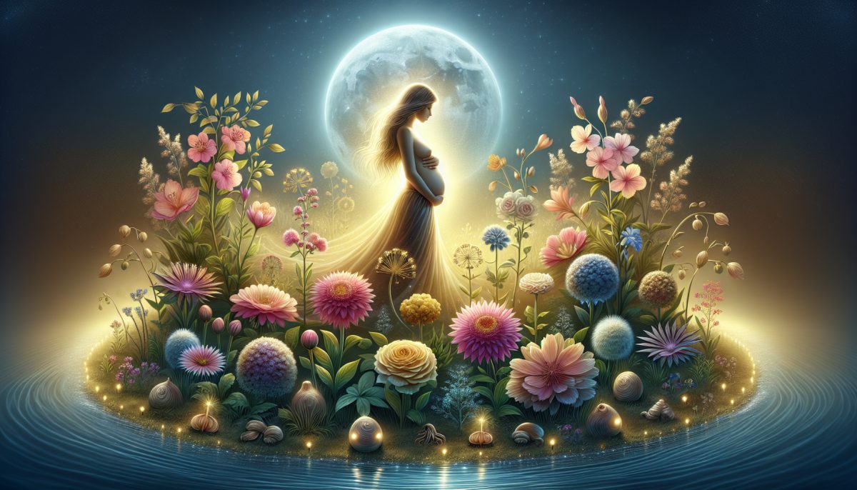 Symbolic illustration of a serene figure in a moonlit garden with flowers and glowing light representing pregnancy dreams and new beginnings