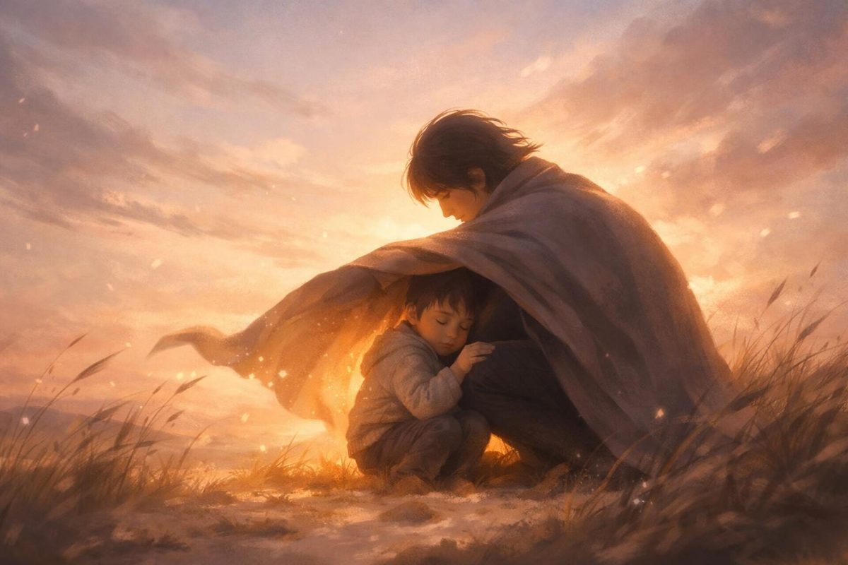 Symbolic illustration of a person protecting a child under soft glowing light in a dreamlike scene