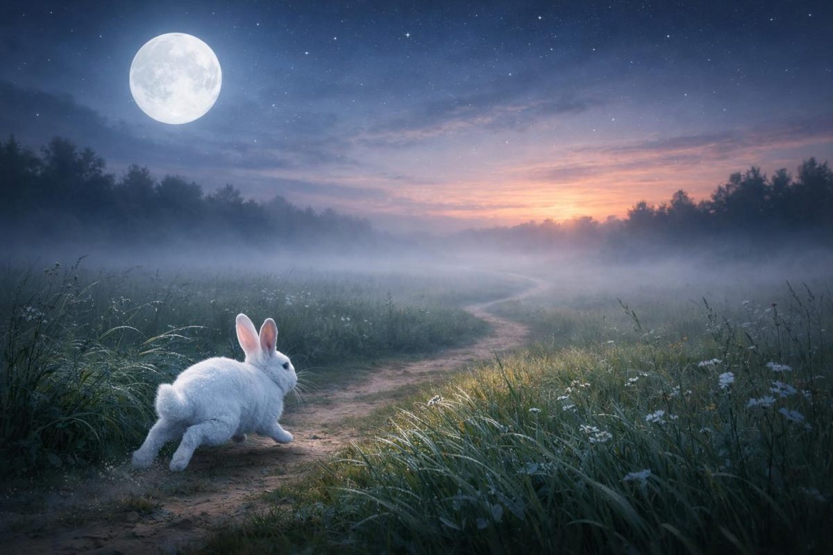 Symbolic illustration of a rabbit running away across a moonlit meadow toward a misty path