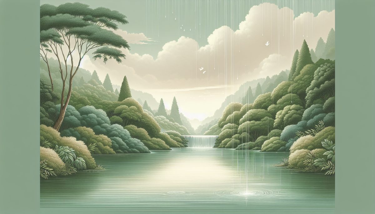 A serene landscape with rain falling on a lake, symbolising reflection and renewal.