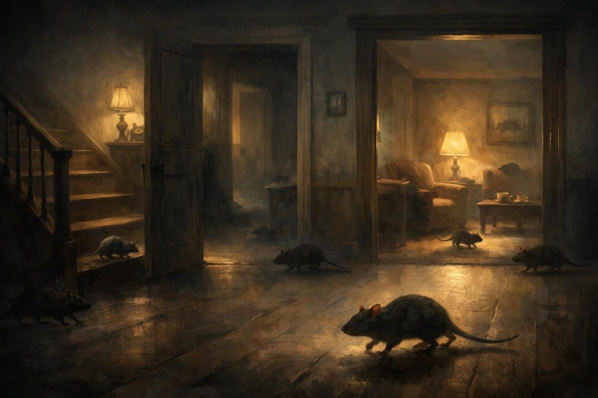 Symbolic illustration of rats running through a house interior at night