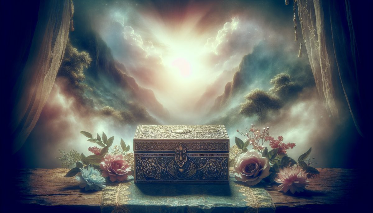 Symbolic illustration of receiving gifts from the dead, featuring a vintage box and flowers in an ethereal landscape.