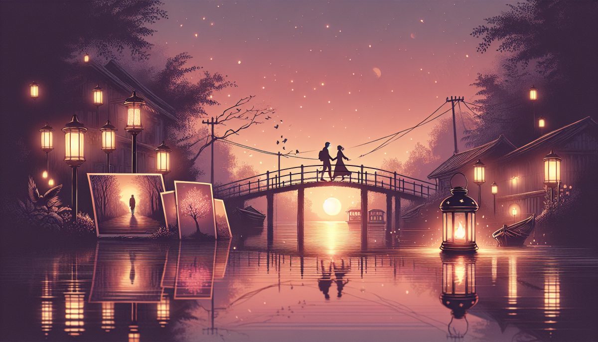 Symbolic illustration of two former lovers meeting across a glowing bridge at twilight with a rekindled lantern