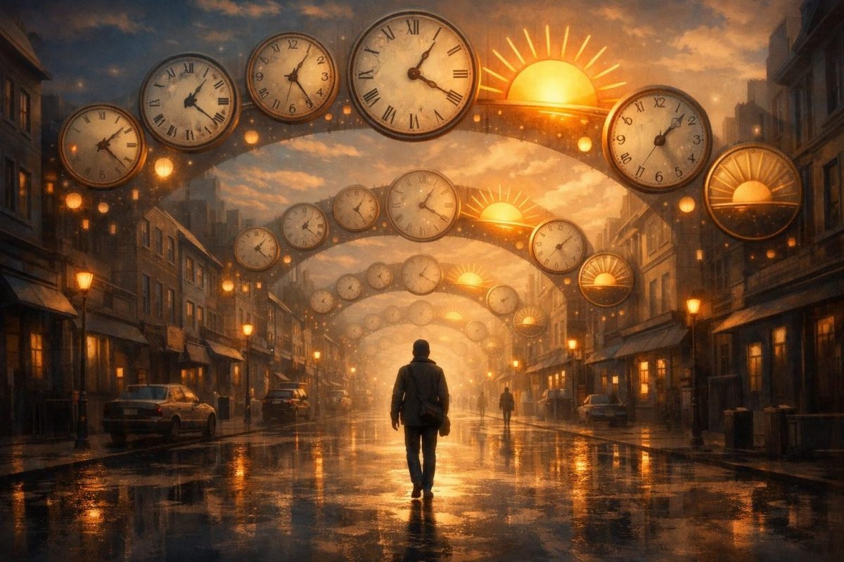A symbolic illustration of a person reliving the same day in a looping city scene with clocks and repeated sunrise imagery.