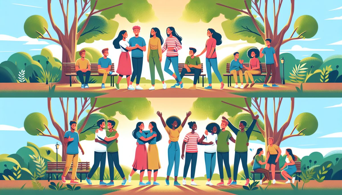 A heartwarming scene of friends joyfully reuniting in a peaceful park