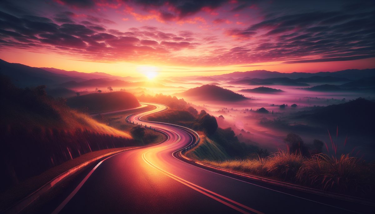 A winding road in a serene landscape at sunrise.