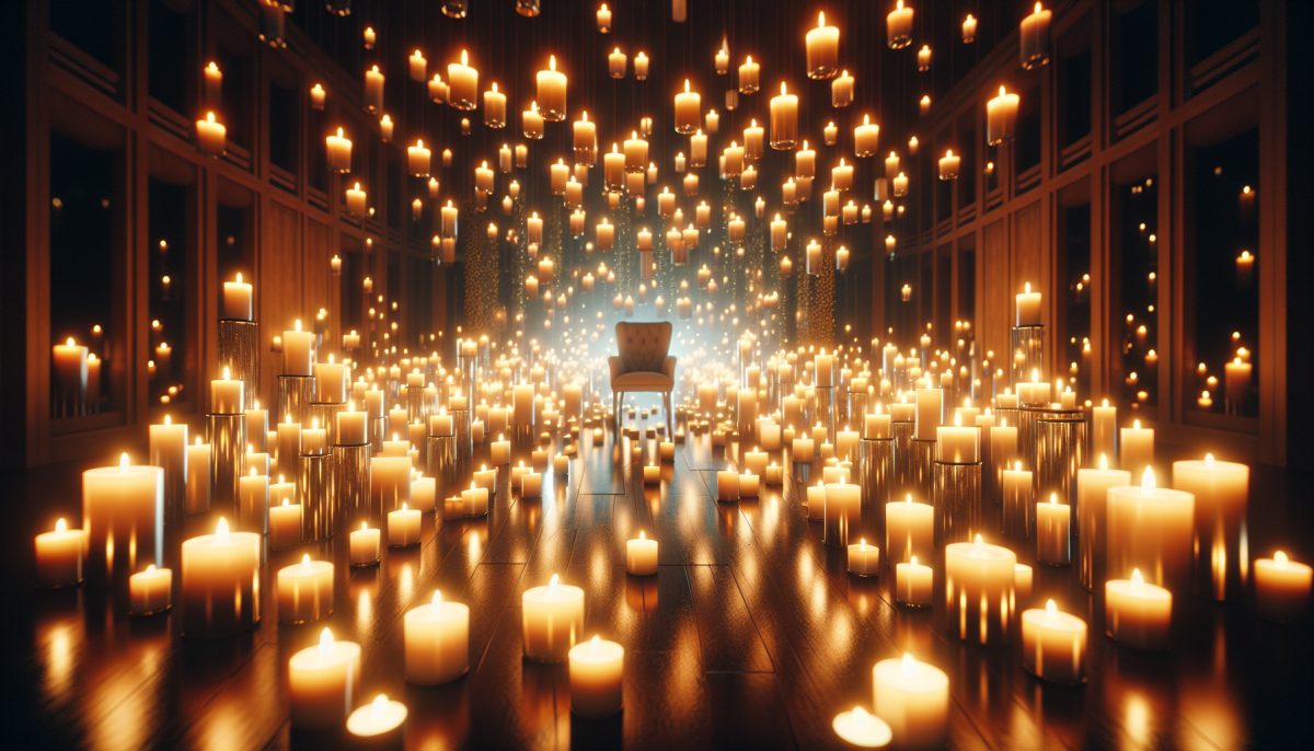A cozy room illuminated by numerous candles, symbolizing warmth and introspection.