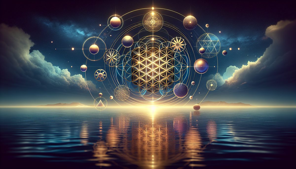 Symbolic illustration of glowing sacred geometry patterns in a night sky above calm water