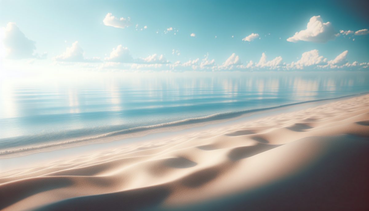 A tranquil beach scene featuring soft sand and calm waves.