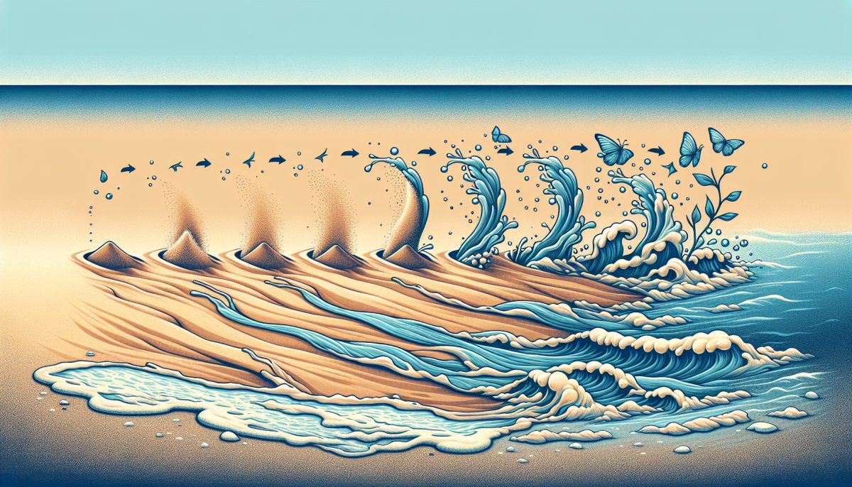 An artistic representation of sand transforming into water at a serene beach