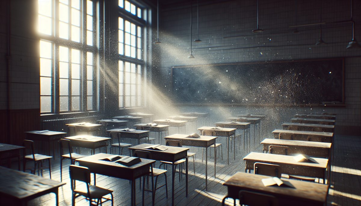 An empty classroom with sunlight, symbolising knowledge and growth.