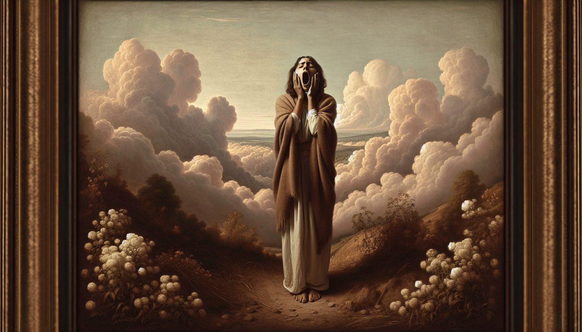 A person expressing a silent scream in a tranquil landscape, symbolizing inner turmoil.