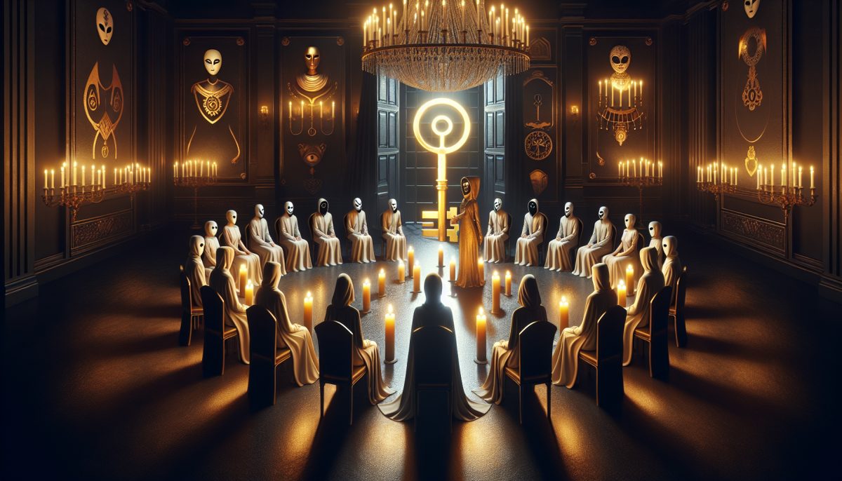Symbolic illustration of a secret society gathering in a candlelit hall around a glowing key and closed door
