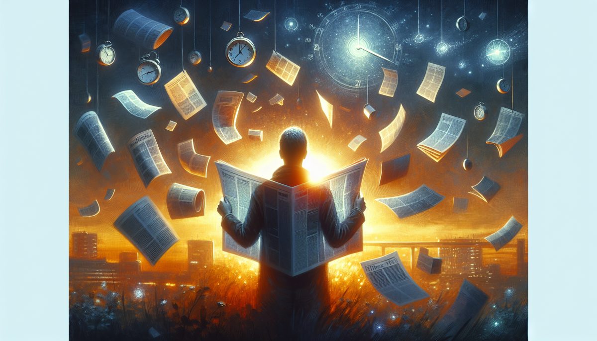 Symbolic illustration of a person viewing a glowing newspaper with future headlines surrounded by clocks and calendar pages