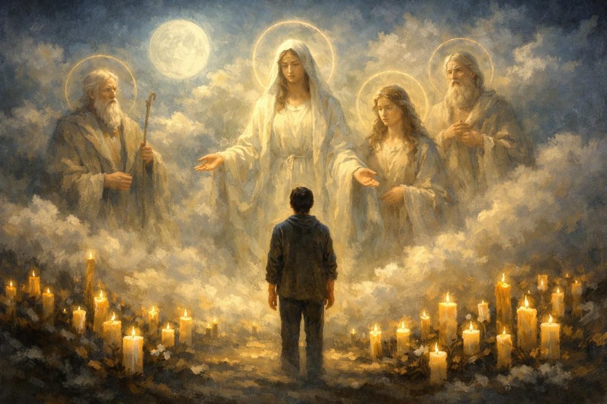 Symbolic illustration of a dreamer seeing glowing saint-like figures in a peaceful sacred night scene