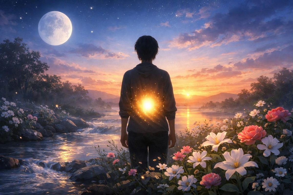 Symbolic illustration of a person seeing themselves pregnant in a dream, surrounded by soft light, flowers, and a dawn sky.