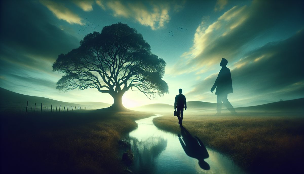 A dreamlike scene of a person on a dim path while a shadow follows at a slow distance, suggesting fear, avoidance, and emotional pursuit.