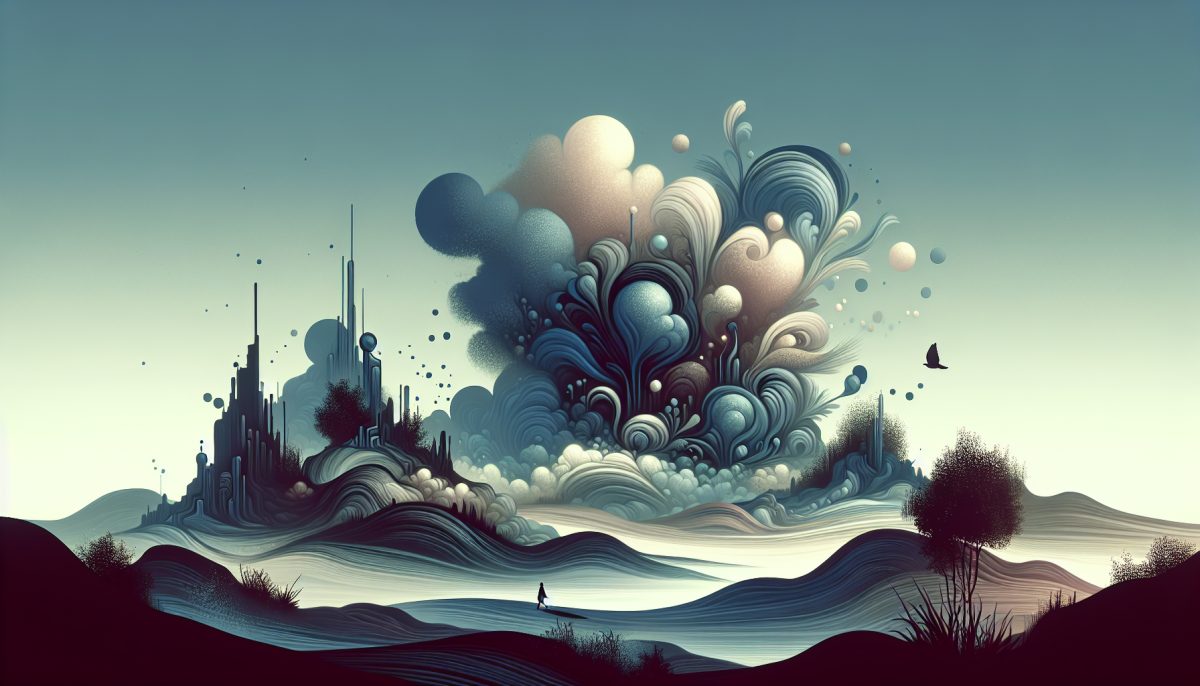 A dark dreamscape where a shadow leans close as if whispering a warning, evoking intuition, fear, and hidden emotional messages.