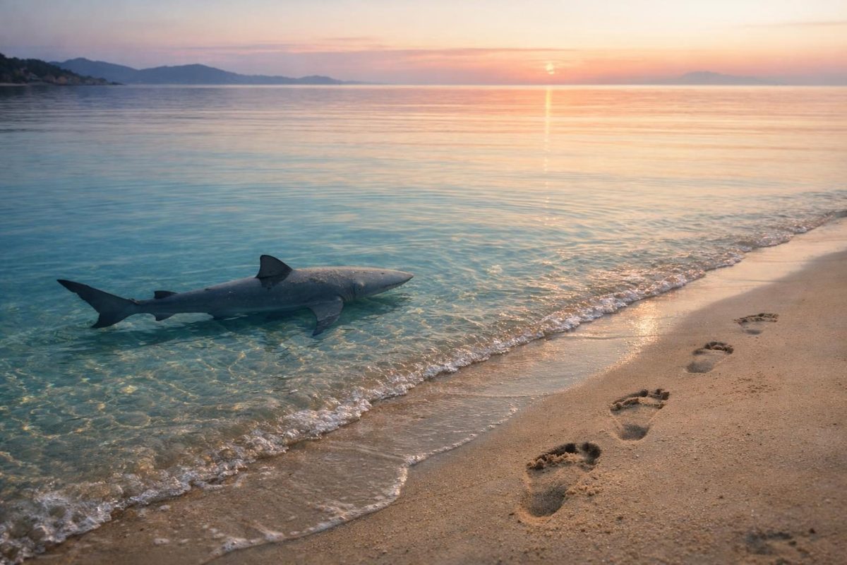 Symbolic illustration of a shark moving through shallow shoreline water near the beach at dawn