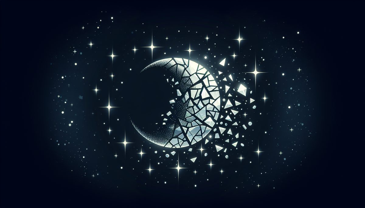 A dreamlike shattered moon floating in a dark starry sky, symbolising emotional change, disrupted cycles, and transformation.