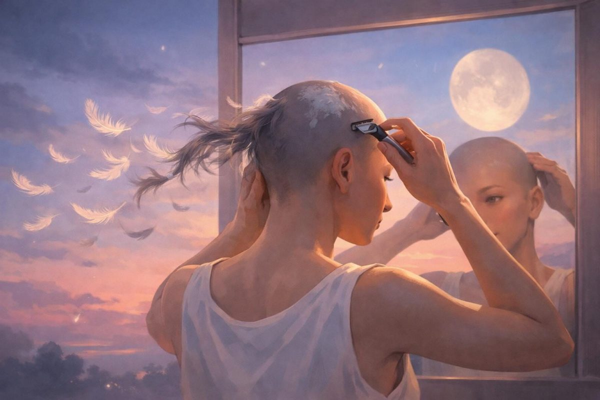 Symbolic illustration of a person shaving their head in soft light, with falling hair representing release and renewal.
