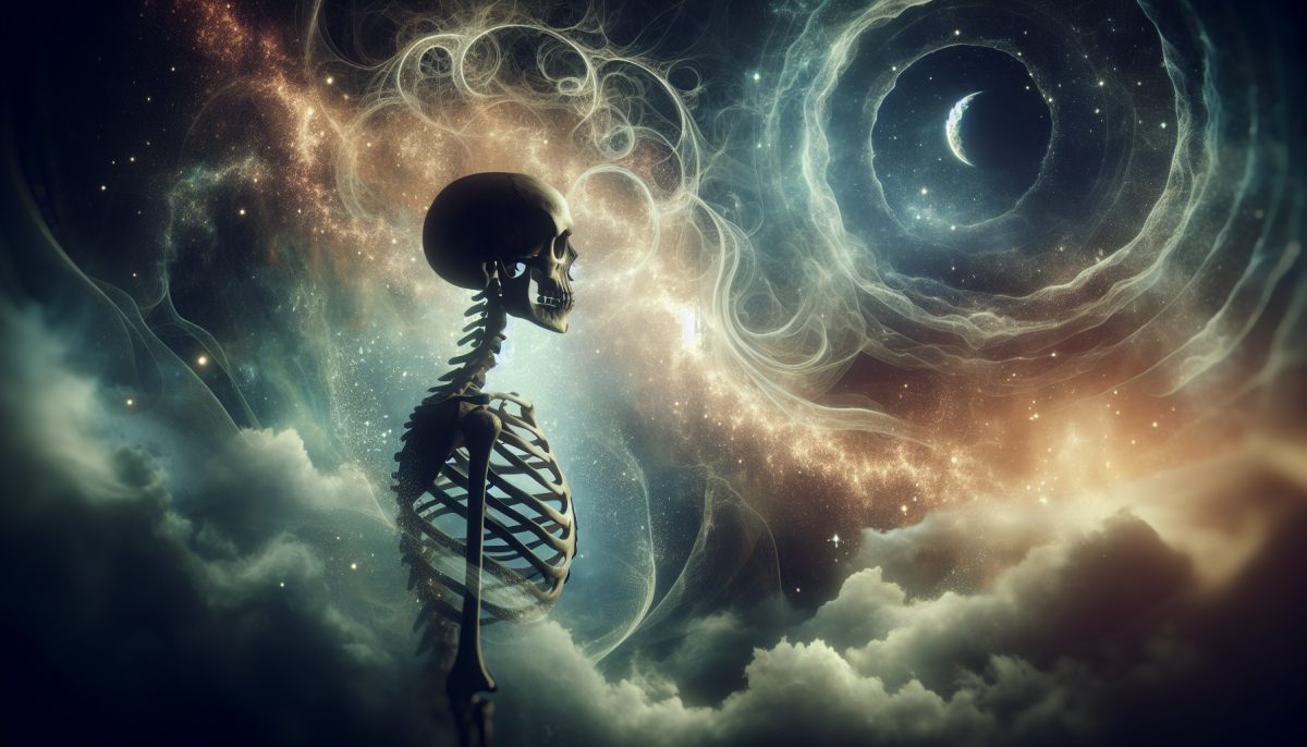 A symbolic dreamscape featuring a skeleton, surrounded by mist and stars, representing introspection.