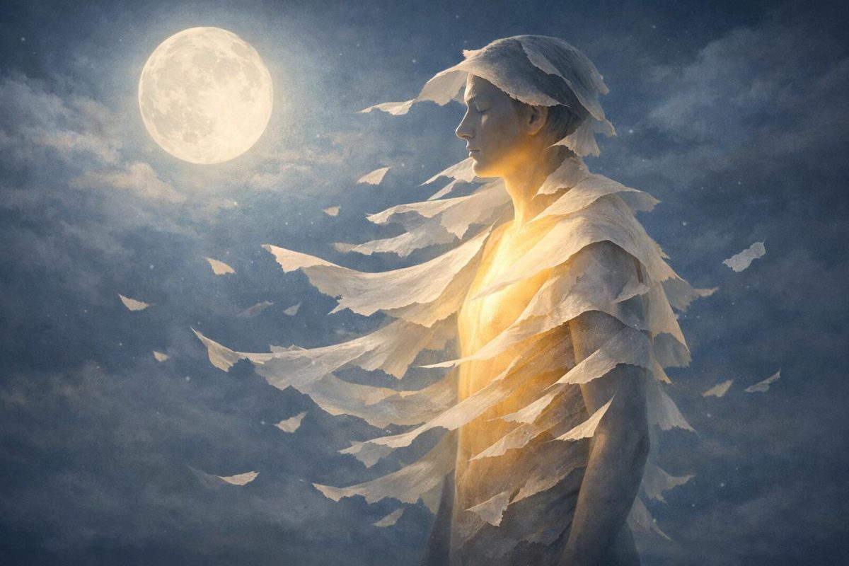 Symbolic illustration of a person with gentle peeling skin revealing a glowing inner self beneath