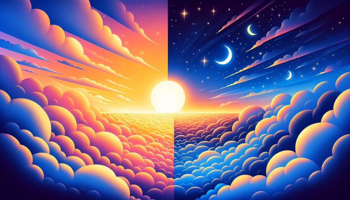 An artistic representation of a sky rapidly changing from day to night, symbolizing transformation.