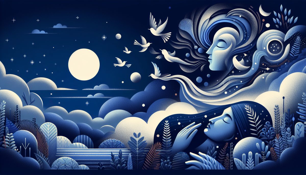 Symbolic illustration of a sleeping person feeling pressure on the chest as breath-like mist rises into the night sky