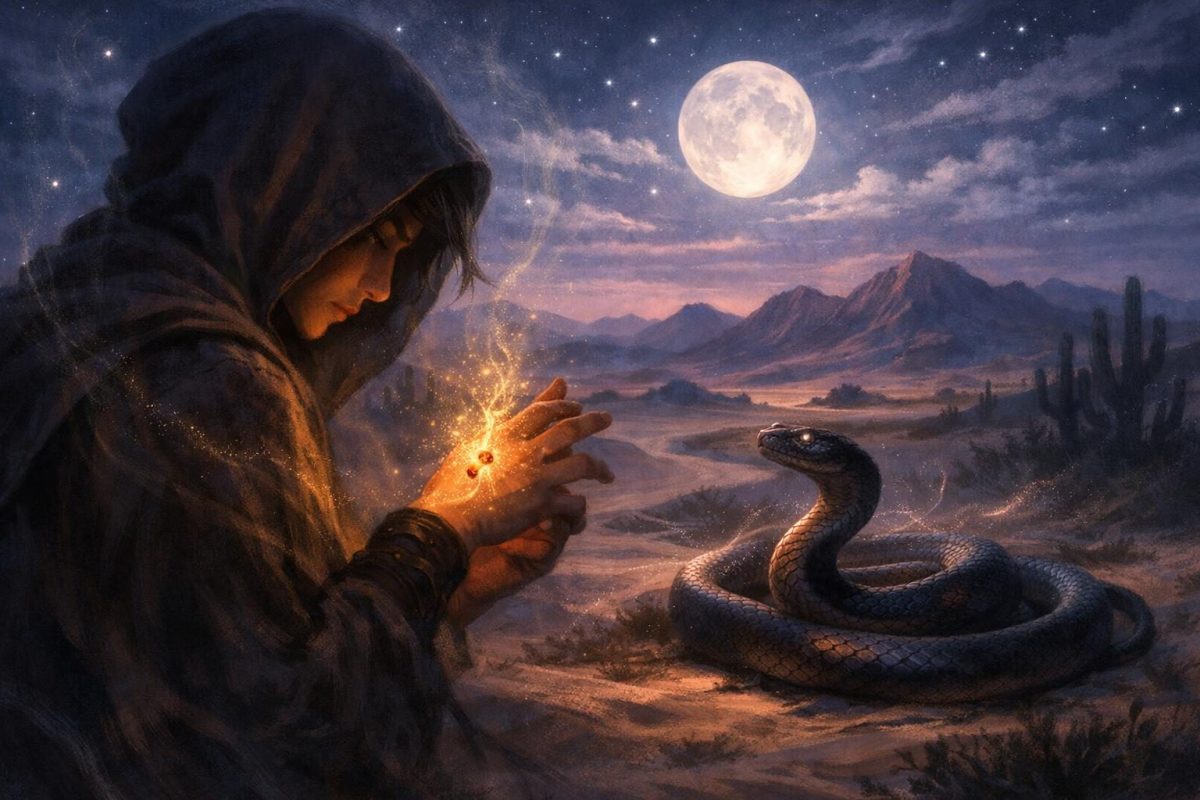 Symbolic illustration of a person noticing a glowing snake bite on their hand beside a serpent under a moonlit sky