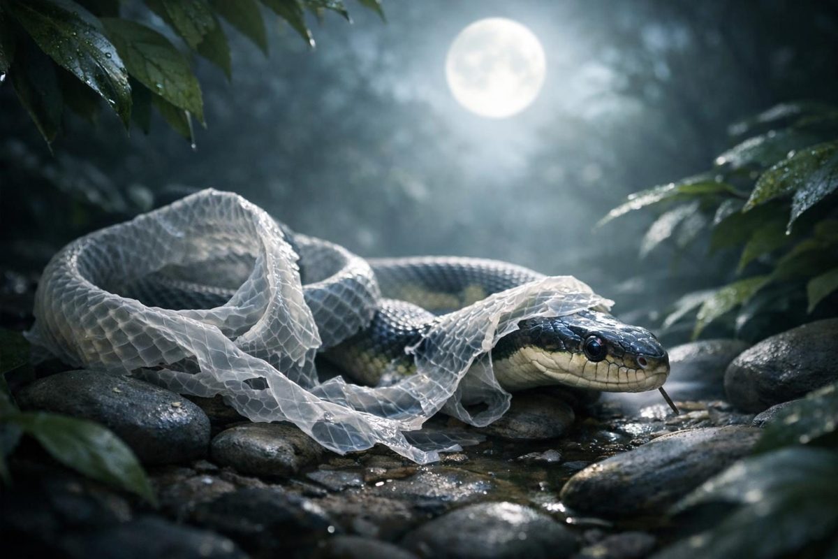 Symbolic illustration of a snake shedding its skin under moonlight among leaves and stones