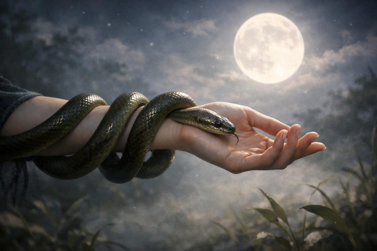 Symbolic illustration of a snake wrapped around a person's arm in a calm moonlit setting