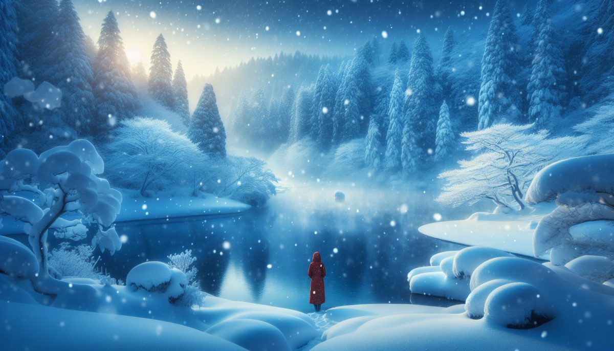 A person standing alone in a snowy landscape, with snowflakes falling around them.