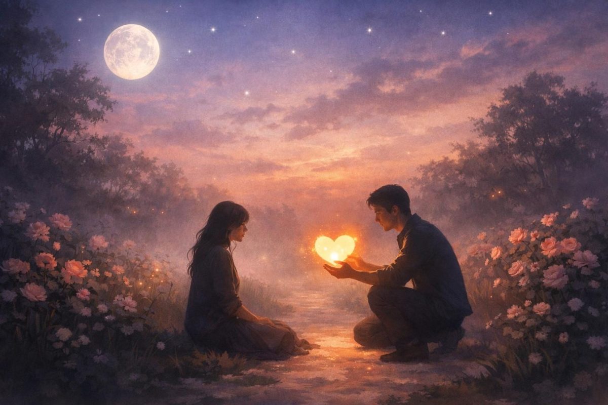 Dreamlike illustration of one person confessing love to another in a moonlit garden with a glowing heart-shaped light