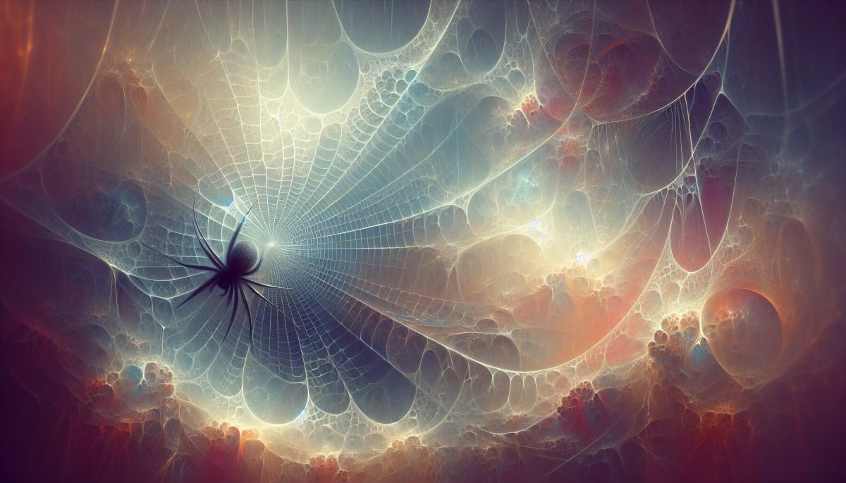 A spider weaving a web in a dreamlike setting.