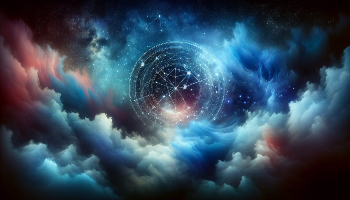 A star map gently floating in the night sky with soft clouds.