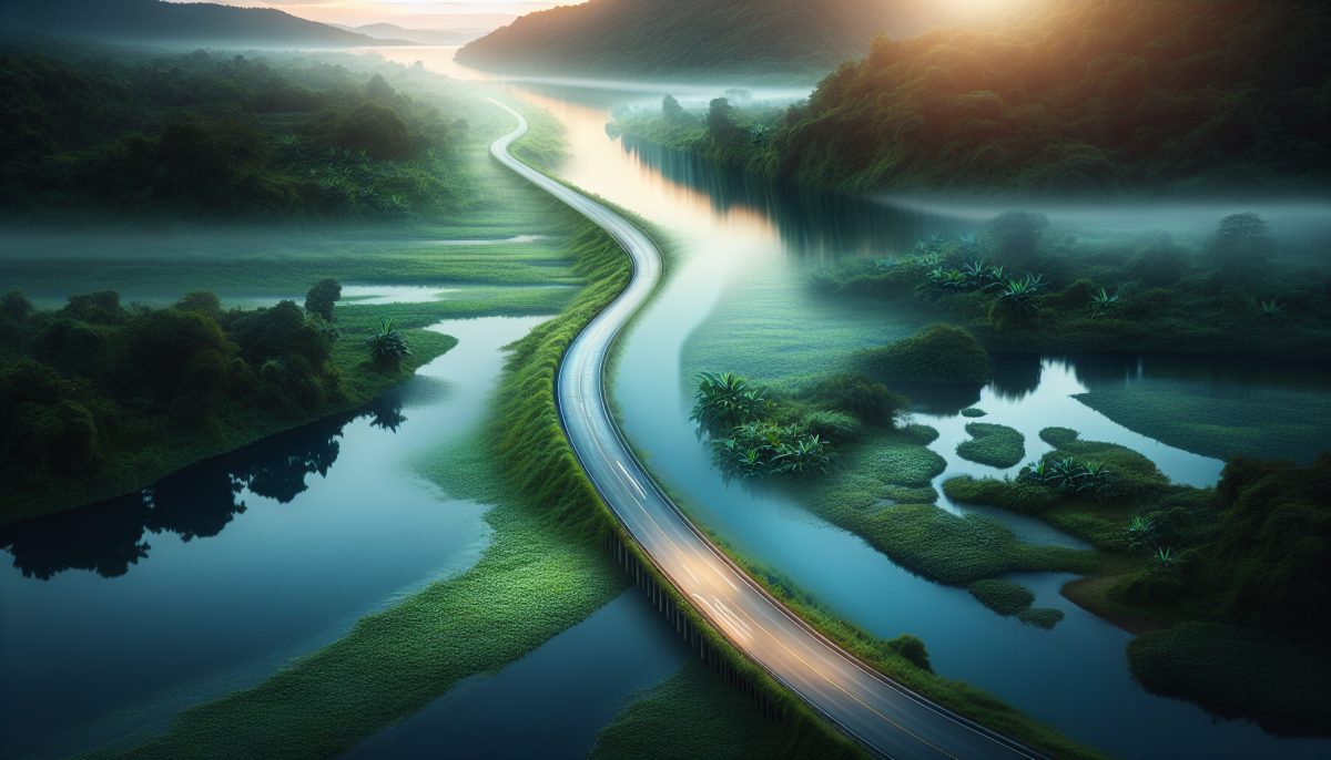 A tranquil scene depicting a street seamlessly merging into a river, symbolizing transformation.